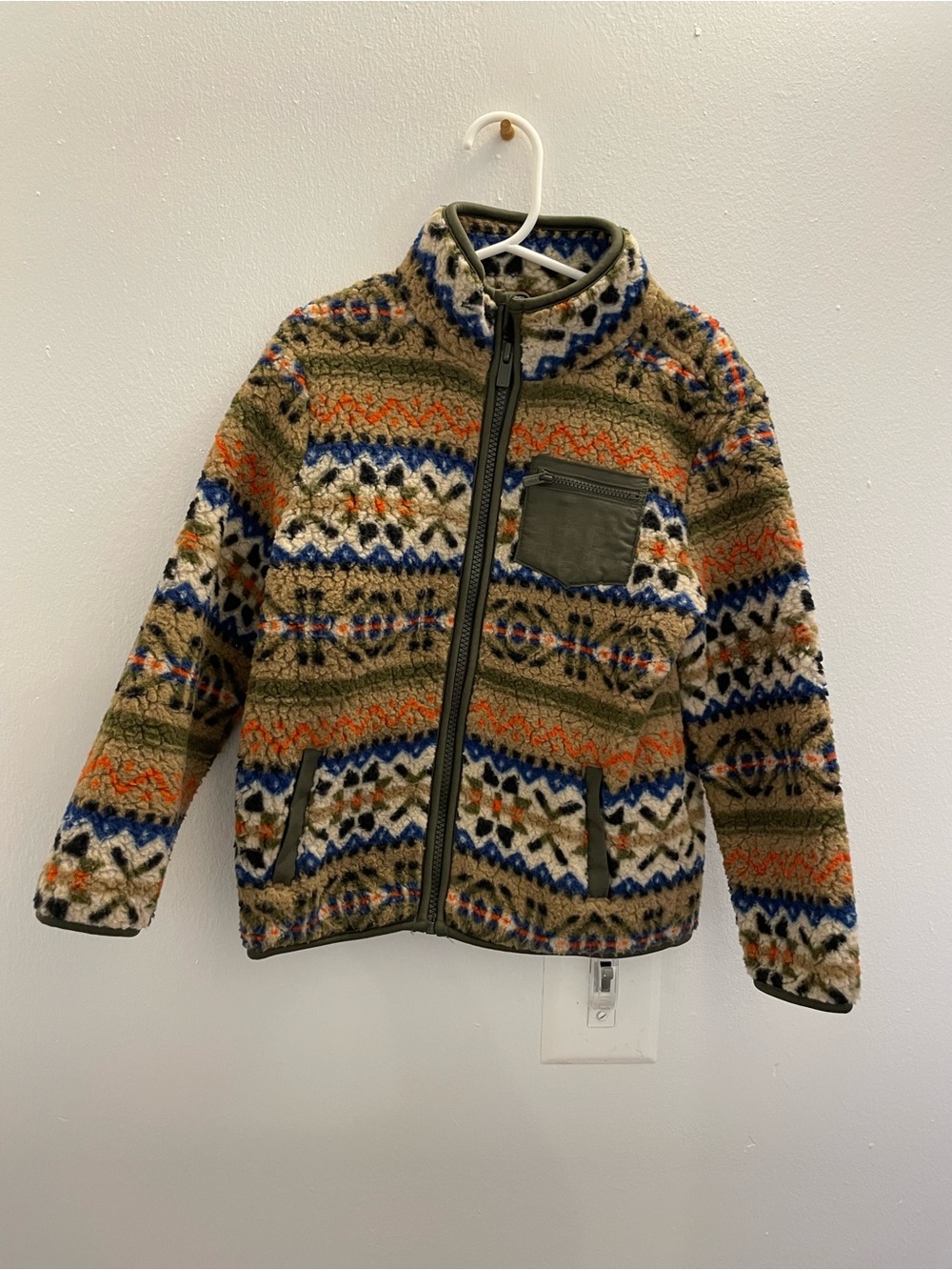 Old Navy Kids Multicolor Patterned Sherpa Jacket - Olive, Blue & Orange Accents